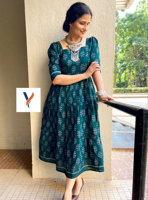 Sambalpuri One Piece Dress, Sambalpuri Kurti Designs Latest, Saree Frocks, Chiffon Blouses Designs, Simple Frock, Anarkali Designs, Saree Material, Kalamkari Dresses, Simple Kurti