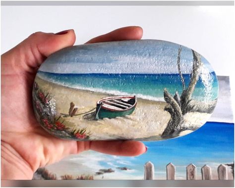 Painting On Stone, Beach Rock Art, Stone Landscape, Landscape Sea, Diy Rock Art, Sea Wedding, Stone Art Painting, Star Painting, Painted Rocks Craft