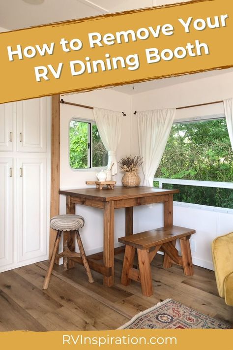 Renovating your RV and ready to ditch the dinette? Removing the RV dining booth is the number one renovation we see! It's also one of the easiest renovations you can make in an RV. With the right tools, you can complete this project in less than half an hour. Here's how to remove your RV dining booth—plus what to do if you find RV systems running under your booth. #rvrenovation #rvinspiration Rv Newbies, Rv Updates, Rv Dinette, Rv Models, Easy Renovations, Rv Inspiration, Dining Booth, Habitat For Humanity Restore, Renovation Tips