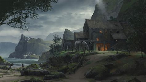 Arcaratus - Bar Outside Dowport Backdrop | By Klaus Pillon via Artstation Fantasy Locations, Hyrule Castle, Jaime Lannister, 다크 판타지, Fantasy City, Arya Stark, Fantasy Places, Fantasy Setting, Landscape Scenery