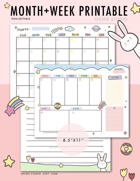 Printable weekly planner, printable Monthly p Kawaii Planner, To Do Planner, Monthly Planner Template, Printable Weekly Planner, Rabbit Illustration, Budget Planner Printable, Kids Planner, Monthly Planner Printable, Cute Planner