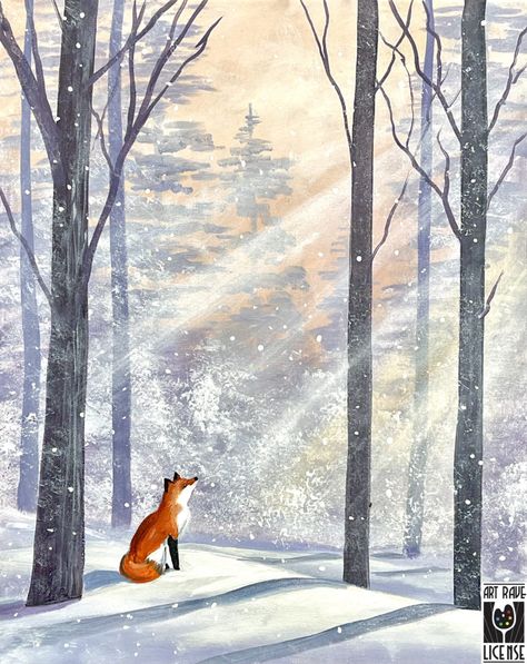 Christmas Forest Painting, Animals In Snow Painting, Fox Winter Painting, Deer In Winter Painting, Winter Forest Cabin Art, Fox In Snow Painting, Baby Animal Drawings, Fox Painting, Spirit Animal Art