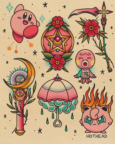 Tradional Tattoo Flash Sheet, Traditional Sailor Moon Tattoo, Kawaii Traditional Tattoo, Sailor Moon Flash Tattoo, Woman Tattoo Drawing, Anime Traditional Tattoo, Girly Tattoo Flash, Anime Tattoo Flash, Kawaii Flash Tattoo