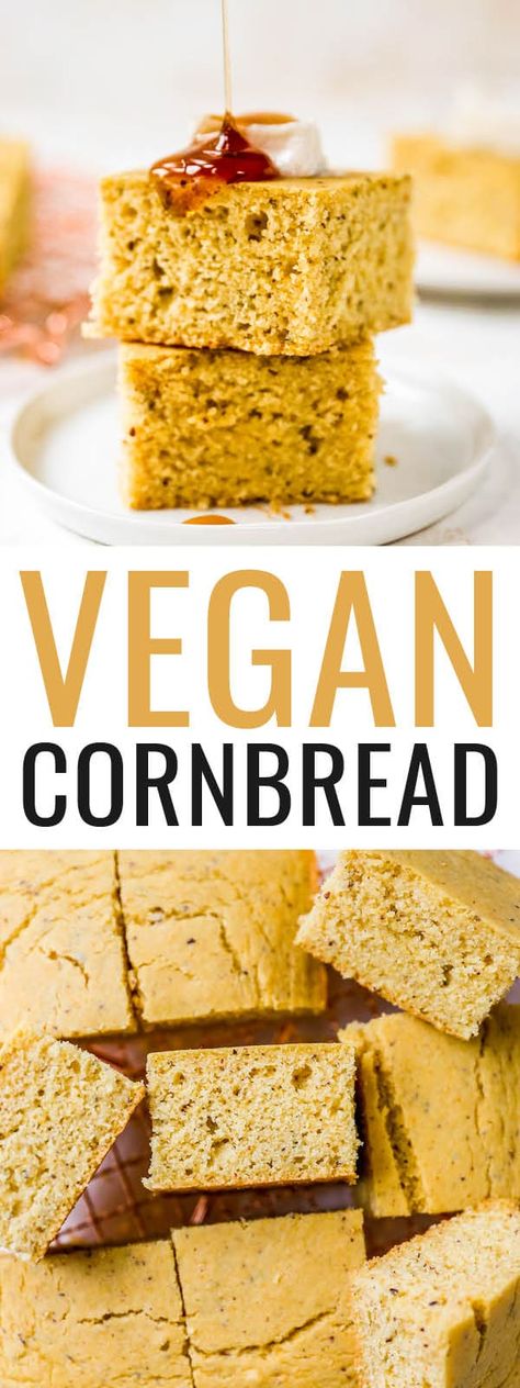 This vegan cornbread is fluffy, moist and has just the right amount of sweetness. It comes together quickly and is the perfect comforting side to a big bowl of soup or chili. Vegan Oil Free Cornbread, Vegan Gf Cornbread, Oil Free Cornbread, Oil Free Gluten Free Vegan Recipes, Easy Vegan Cornbread, Vegan Oil Free Dessert, Vegan Gluten Free Cornbread, Hoshimotos Diet, Vegan Oil Free Recipes