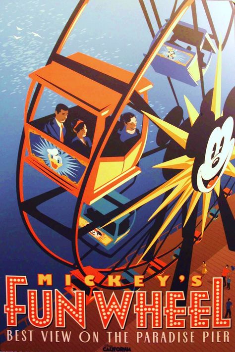 Vintage style poster of Mickey's Fun Wheel at California Adventure Vintage Disney Posters, Casa Disney, Disney Poster, Deco Disney, Disneyland Attractions, Disneyland Rides, Disneyland California Adventure, Disney Board, Disney Attractions