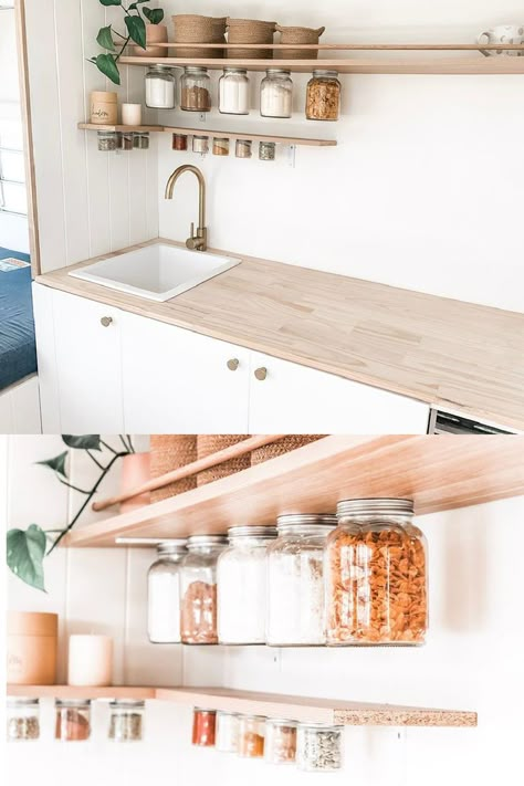 Two images of the kitchen of a renovated caravan showing the hanging mason jars and gold tapware. Caravan Kitchen Ideas, Caravan Kitchen, Bed Divider, Big Van, Caravan Renovation, Renovation Costs, Home On Wheels, Travel And Adventure, Vintage Caravan