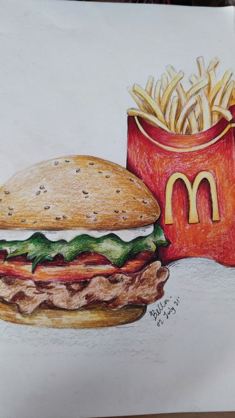 Burger & Fries Fries Painting, Burger Drawing, Burger And Fries, Pencil Crayon, Drawing Pencil, Color Pencil Drawing, Salmon Burgers, Pencil, Ethnic Recipes