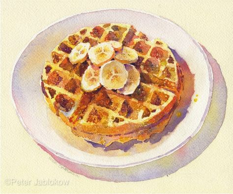 Waffle Art Drawing, Waffle Drawing, Drawing With Waffles Sketches, Waffle Painting Acrylic, Waffles Painting, Waffle Aesthetic, Waffle Watercolor Painting, Waffles Watercolor, Food Illustration Design