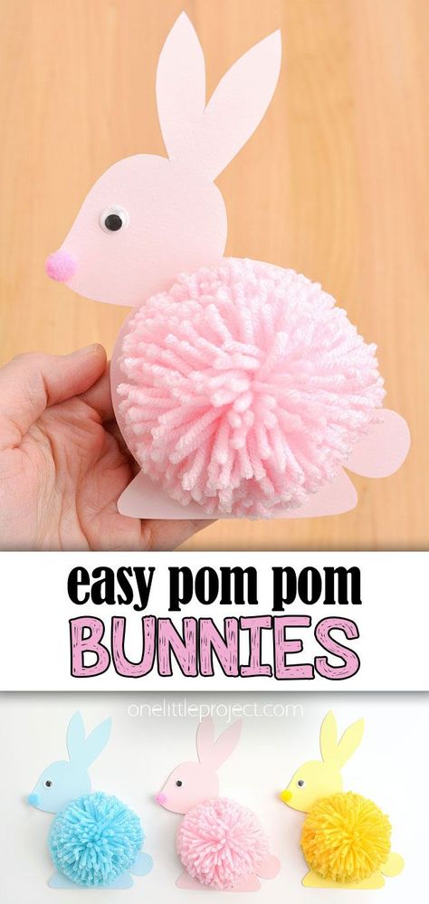 Make a super fluffy and super CUTE pom pom bunny! This kids craft is perfect for spring and Easter! Download our free printable template for the bunny's body and make a DIY pom pom using only your hand and yarn. It's such a fun and easy Easter craft for kids of all ages! Yarn Art For Kids, Crochet Baby Blanket Size, Easter Crafts Diy Kids, Pom Pom Bunny, Crochet Blanket Yarn, Crochet Patterns Blanket, Easter Chick Craft, One Little Project, Easter Craft For Kids