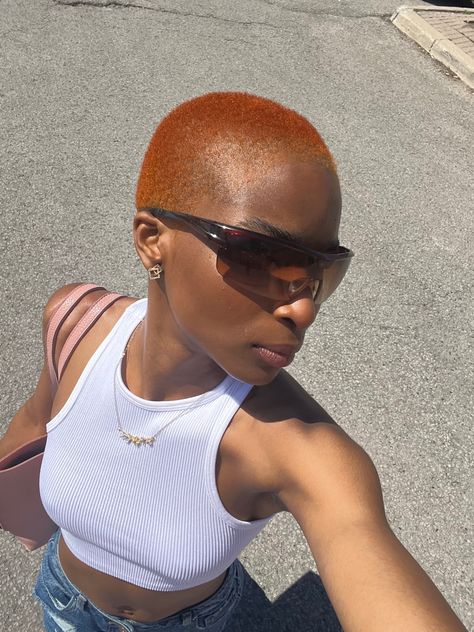 Shaved Ginger Hair, Short Hair Ginger Color, Short Hair Dye Ideas Black Women, Ginger Low Cut Hair Black Women, Ginger Hair Short Hair, Ginger Buzzcut, Dyed Buzzed Hair Women, Ginger Short Hair Black Women, Short Ginger Hair Black Women