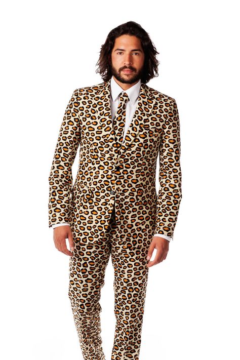 A subtle yet classy look for they future groom Ugly Suits, Crazy Suits, Tacky Wedding, Jungle Outfit, Costume Beige, Prom Themes, Ugly Holiday Sweater, Jaguar Print, Prom Suits