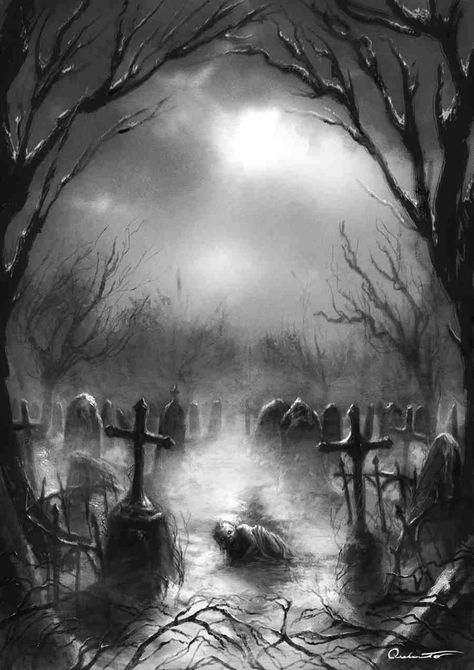 Cemetery artwork Scary Graveyard, Graveyard Tattoo, Drawing Skull, Grim Reaper Art, Gothic Fantasy Art, Old Cemeteries, Cemetery Art, Horror Tattoo, Dark Art Tattoo