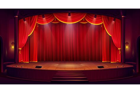 Cartoon theater stage with red curtains. Vector classic theatre scene for performance, opera, concert, dance or music show. Background with glowing spotlights illumination on wooden floor and stairs | Cartoon theater stage with curtains | Vector Tradition