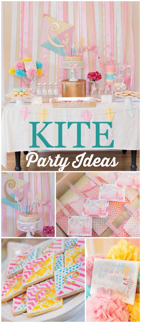 Love this gorgeous kite themed party! The color scheme is so pretty! See more party planning ideas at CatchMyParty.com! Kite Theme Birthday Decoration, Kite Party Decorations, Wall Streamers, Kite Cake, Kite Birthday Party, Peony Party, Kite Party, Girls Birthday Party Themes, Party Planning Ideas