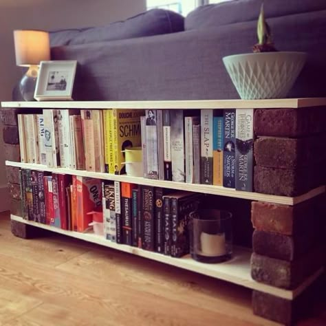 Shelf to hide back of sofa in open plan lounge. Bricks + planks = £30 bookshelf! Diy Small Bookshelf, Bookshelf Design Ideas, Homemade Sofa, Brick Shelves, Low Bookshelves, Diy Bookshelf, Small Bookshelf, Bookshelf Design, Bookshelves Diy