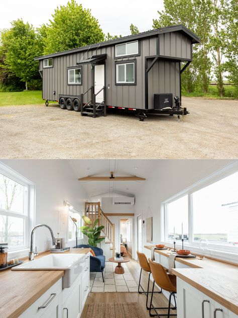 Ruby Tiny House Features a Galley-Style Kitchen Tiny Home With Big Kitchen, Tiny House Double Loft, 20 Ft Tiny House On Wheels, Tiny House Exterior On Wheels, Two Loft Tiny House On Wheels, Apron Front Kitchen Sink, Roof Cap, Tiny House Company, Exterior Doors With Glass