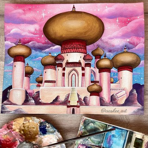 *sold* Another one for the castle series I’m painting ✨(although this is a palace 🤔). I used gouache and watercolor for this 🤗 🎨. This… | Instagram Agrabah Palace, Aladdin Palace, Arabian Castle, Aladdin Disney, Gouache And Watercolor, Castle Series, Castle Drawing, Disney Fine Art, The Castle