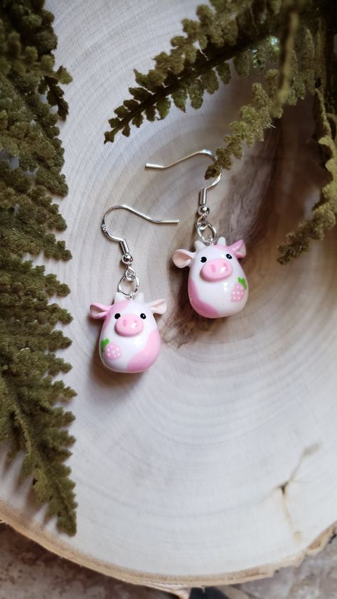 Reshma The Strawberry Cow Squishmallow Clay Dangle Earrings | Hypoallergenic | Lightweight Frosted Animal Crackers, Plastic Earrings, Animal Crackers, Small Jewelry Box, Clay Jewelry Diy, Hypoallergenic Earrings, Small Jewelry, Etsy Earrings Dangle, Clay Crafts