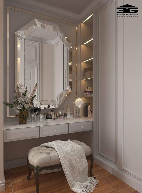 Old Money Room Inspiration, Closet With Makeup Vanity, Modern Dressing Table Designs, Modern Dressing Table, Stylish Room Decor, Dressing Room Decor, Desain Pantry, Makeup Dressing Table, Dressing Table Design