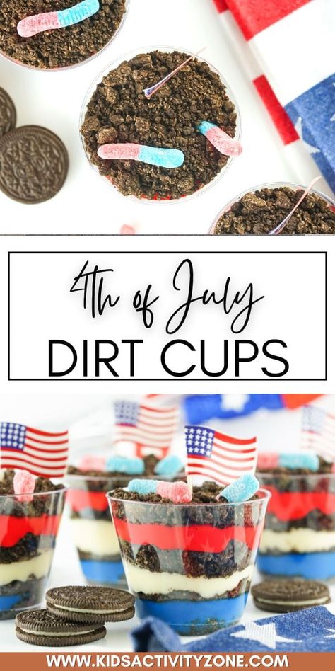 These 4th of July Dirt Cups are so easy to make and delicious! The kids love the Red, White and Blue theme and it's no-bake and ready in a few minutes which we love. Layers of crushed Oreos, pudding and gummy worms on top. Red White Blue Dirt Cups, Dirt Cake 4th Of July, Red White And Blue Dirt Cups, Cute 4th Of July Food Ideas, Desserts For The Fourth Of July, Oreo Fourth Of July Desserts, Deserts For July 4th, Forth July Food, Cool 4th Of July Desserts