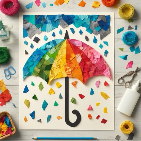 Umbrella crafts for preschoolers & kids - Kids n Clicks Paper Tearing And Pasting Activity, Umbrella Crafts For Toddlers, Tear And Paste Activities For Kids, Rain Art Projects For Kids, Umbrella Craft Preschool, Kids Umbrella Craft, Rain Crafts For Kids, Art N Craft Ideas For Kids, Umbrella Activity