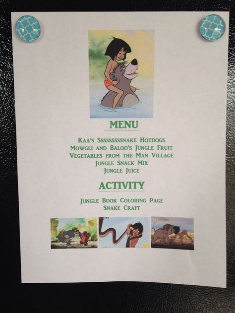 Jungle Book Movie Night, Disney Movie Night Menu, Family Games Night, Jungle Book Movie, Disney Themed Movie Night, Disney Movie Night Food, Disney Movie Night Dinner, Disney Menus, Movie Night Dinner