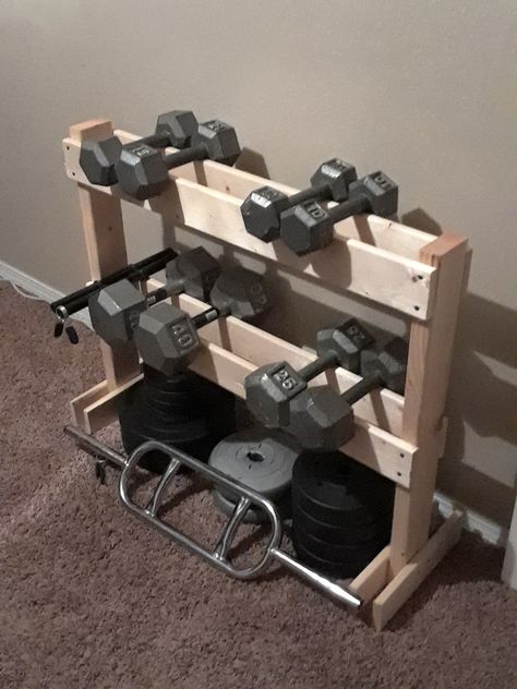 Basement Gym And Lounge, Weight Racks Ideas, Shelves For Weights, Dumbell Storage Ideas, Garage Gym Setup, Dumbbell Storage Diy, Dumbbell Holder Diy, Weight Holder Rack Diy, Diy Gym Equipment Storage