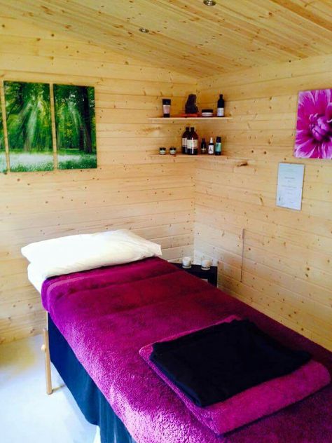 Different ideas Tiny Massage Room Ideas, Massage Therapy Retail Ideas, Rv Massage Studio, Tiny House Massage Studio, Purple Massage Room, Shed Salon Ideas, Massage Room Colors, Nail Salon Ideas, Healing Room Decor