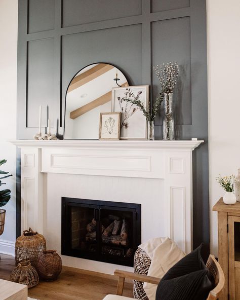 Trim Above Fireplace Mantle, Fireplace Wall Trim Ideas Moldings, Molding Above Fireplace Mantel, Paint Behind Fireplace, Applied Molding Fireplace, Fireplace Mantle Accent Wall, Fireplace Panelling Ideas, Fireplace Wall Low Ceiling, Black Wainscoting Fireplace Wall