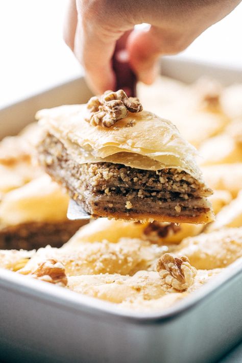 Holiday Walnut Baklava - buttery phyllo with layers of ground walnuts in between and drizzled with a homemade simple syrup with sweet orange blossom and rose water! So good! #baklava #walnutbaklava #lebanesebaklava | Littlespicejar.com Baklava Granola Recipe, Flat Bread Recipe Ideas, French Bread Ideas, Bread Recipe Ideas, Walnut Baklava, Homemade Simple Syrup, Flat Bread Recipe, Greek Baklava, Pistachio Baklava