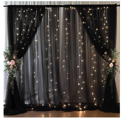 Curtain With Lights, Farmhouse Mantel Decor, Sheer Backdrop, Tulle Backdrop, Farmhouse Mantel, Photo Table, Backdrop Curtains, White String Lights, Prom Decor