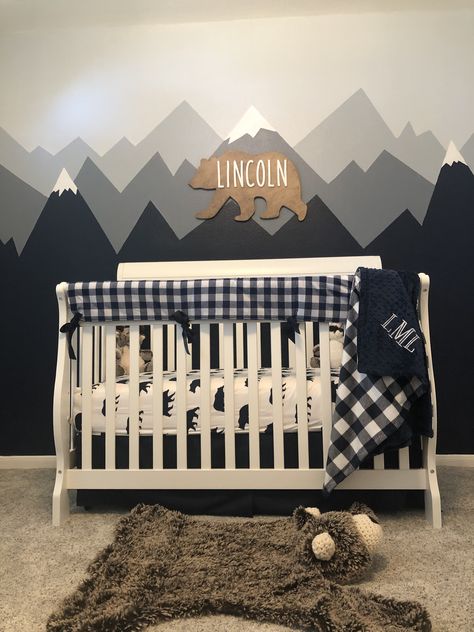 Baby Boy Nursery Room Ideas Themes, Navy Crib, Glowforge Ideas, Blanket Rug, Mountain Nursery, Baby Theme, Baby Room Themes, Crib Rail, Toddler Boys Room