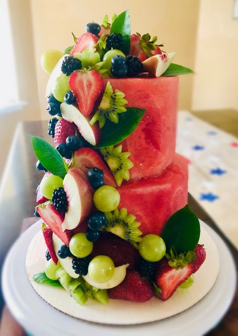 A refreshing fruit lover’s cake made from seasonal fruit and perfect for a hot summer day or event. Fruit Sculptures, Watermelon Cake, Edible Arrangements, Mermaid Cakes, Fruit In Season, Delicious Fruit, Fruit Art, Fruit Cake, Fruit Desserts