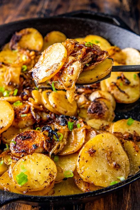 This Fried Potatoes and Onions recipe is a comforting and simple side dish. You only need one skillet and a few simple ingredients. Cooking Potatoes On Stove, White Potato Recipes Side Dishes, Saute Potatoes Recipes, Sauteed Potatoes Recipes, Skillet Potatoes Dinner, Stove Top Roasted Potatoes, Onions And Potatoes Recipes, Potato Fried Recipes, Potato With Onions