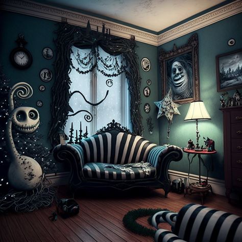 Tim Burton Living Room, Tim Burton Halloween Decor, Tim Burton Exhibit, Tim Burton Halloween, Girl Cave, Tim Burton Art, Art House, Tim Burton, Halloween Decor