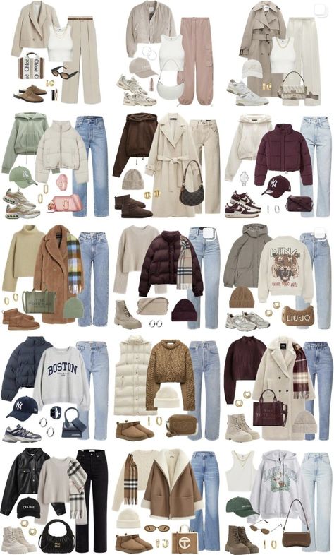 cozy and chic fall and winter outfits. Neutrals soft tones dominate, including beige blazers, cream puffer jackets, taupe trench coats paired with basics like white tops, cargo pants, jeans. Accessories like beanies, scarves, crossbody bags add warmth style.There are sporty elements with caps and sneakers, relaxed vibes with oversized sweatshirts and cardigans. Footwear includes boots, loafers, UGGs, enhancing each look's casual elegance. Shades of brown, green, burgundy enrich the palette. Beige Pants Outfit Fall, Burgundy Puffer Jacket Outfit, Beige Cargo Pants Outfit Winter, Cream Sweatshirt Outfit, Beige Cap Outfit, Cream Puffer Jacket Outfit, Beige Puffer Jacket Outfit, Cargo Pants Winter Outfit, White Beanie Outfit