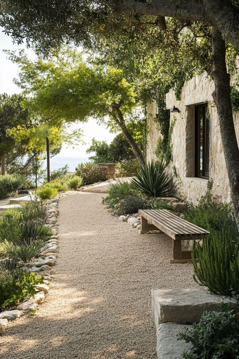 Landscape Ideas Mediterranean, Mediterranean Gravel Garden Ideas, Mediterranean House Garden, Contemporary Mediterranean Garden, Mediteranian Garden Ideas, Mediterranean Gravel Garden, California Mediterranean Landscaping, Greek Landscape Design, Meditterean Landscape Design