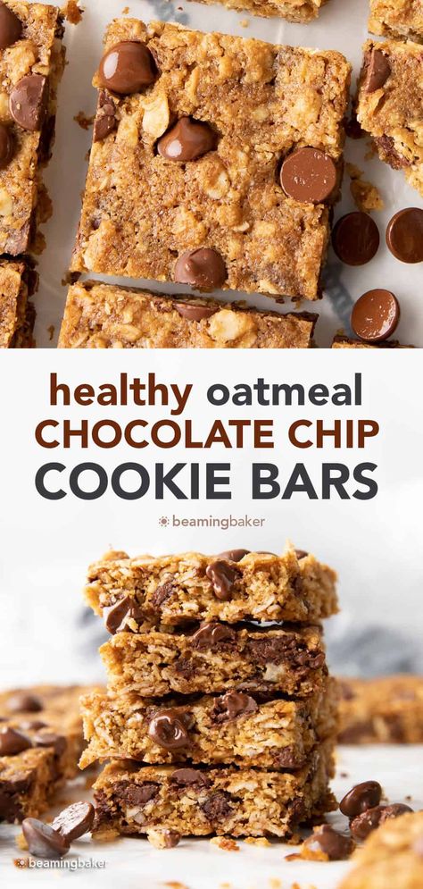 Crispy, chewy oatmeal chocolate chip cookie bars that are secretly healthy with mouthwatering texture from chewy oats and melty chocolate morsels. The best healthy oatmeal cookie bars! | Recipe at beamingbaker.com Oat Bars Healthy Low Calorie, Low Calorie Oatmeal Bars, Healthy Oatmeal Cookie Bars, Oatmeal Cookie Bars Recipes, Low Calorie Oatmeal, Oatmeal Chocolate Chip Cookie Bars, Chocolate Chip Oatmeal Cookies Healthy, Sugar Free Oatmeal, Chewy Oatmeal Chocolate Chip Cookies