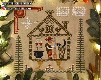 Cross stitch baba yaga | Etsy Baba Yaga House, Witch Cross Stitch Pattern, Witch Hut, Primitive Cross Stitch Patterns, Witch Cross Stitch, Halloween Cross Stitch Patterns, Beautiful Cross Stitch Pattern, Halloween Cross Stitches, Hand Embroidery Kit