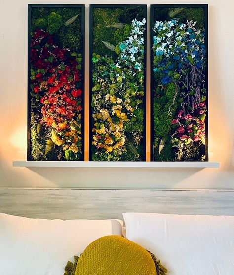 Moss Panels, Moss Wall Decor, Preserved Moss Wall, Living Room Colorful, Triptych Art, Indoor Plant Wall, Plant Installation, Panoramic Art, Hanging Plant Wall