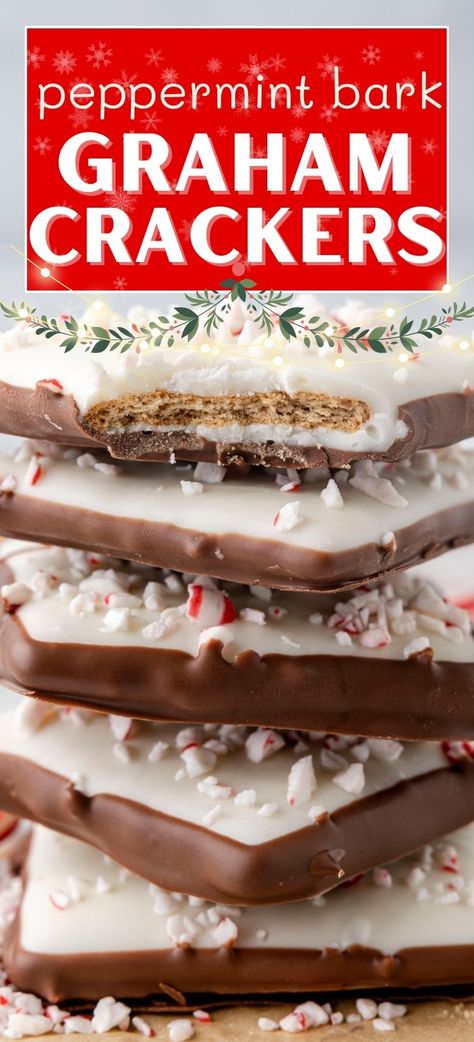 Peppermint Bark Graham Crackers are chocolate covered graham crackers in milk chocolate white chocolate, and then topped with crushed peppermint candy canes to resemble peppermint bark. This Christmas treat is easy to make with only 4 ingredients! Peppermint Bark Graham Crackers, Graham Cracker Chocolate Bark, Easy Christmas Treats For Gifts, Cracker Chocolate, Oreo Bark, Chocolate Covered Graham Crackers, Christmas Baking Recipes, Chocolate Graham Crackers, Candy Recipes Homemade