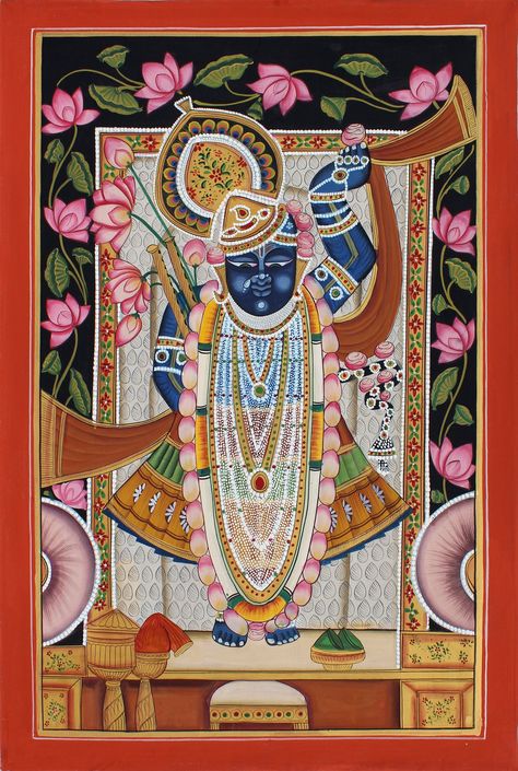 Buy Traditional Lord Krishna Wall Painting Stone Color on Cloth Online in India - Etsy Shrinathji Paintings, Krishna Wall Painting, Shree Nathji, Pichwai Art, Indian Traditional Paintings, Pichwai Painting, Painting Images, India Culture, Pichwai Paintings