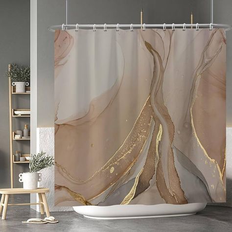 Shower Stall Curtain Ideas, Gold And Cream Bathroom, Nude Bathroom, Bathroom Decor Shower Curtains, Taupe Bathroom, Marble Shower Curtain, Gold Shower Curtain, Curtains For Bathroom, Bathroom Towel Decor