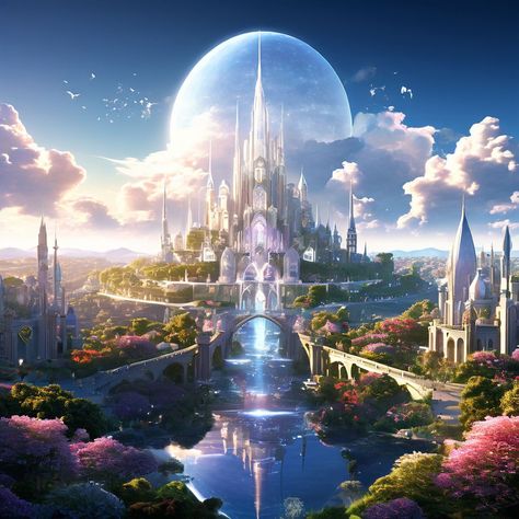 Elf Castle, Futuristic City Utopia, Elf City, Elven City, Tree Of Life Art, Fantasy Wall Art, Castle Art, Anime Backgrounds Wallpapers, Fantasy Props