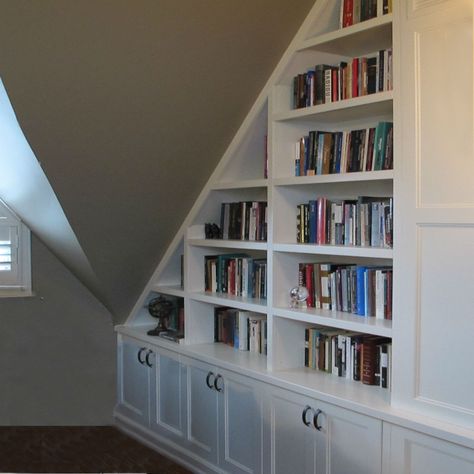 Angled Bookshelf, Understairs Bookshelf, Bookshelf On Slanted Wall, Sloped Ceiling Bookcase, Bookshelf For Slanted Ceiling, Angled Bookcase, Bookcase On Slanted Wall, Angled Bookshelf Wall, Sloping Roof Bookshelf