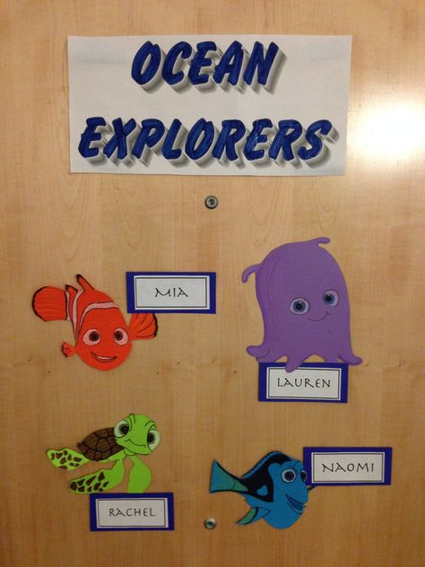 Creative suite style Disney themed door decs. From the movie "Finding Nemo". (decor dec name tag ra dorm reslife) By RA Austin Grant (1/7) Finding Nemo Decorations, Disney Door Decs, Dorm Name Tags, Finding Nemo Theme, Dorm Room Themes, Door Decorations College, Dorm Room Doors, Door Decks, Disney Themed Classroom