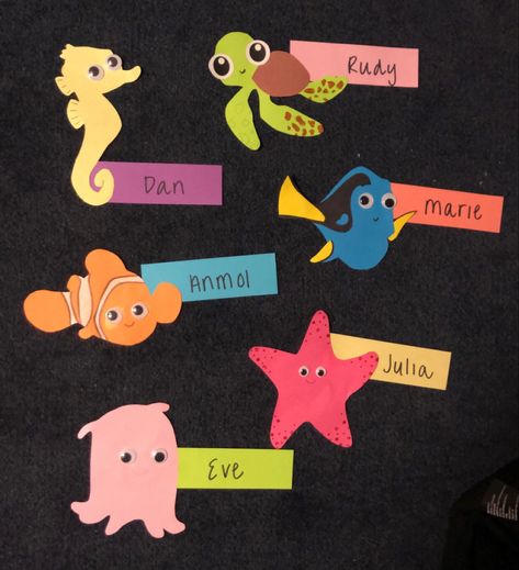 Door decorations with different finding nemo characters and resident names. Res Life Door Decs Name Tags, Spring Semester Door Decs, College Door Decs Resident Assistant, Finding Nemo Door Decs, Shrek Door Decs, College Dorm Door Decorations Name Tags, Dorm Door Decs, Dorm Name Tags Resident Assistant, Ra Theme Ideas