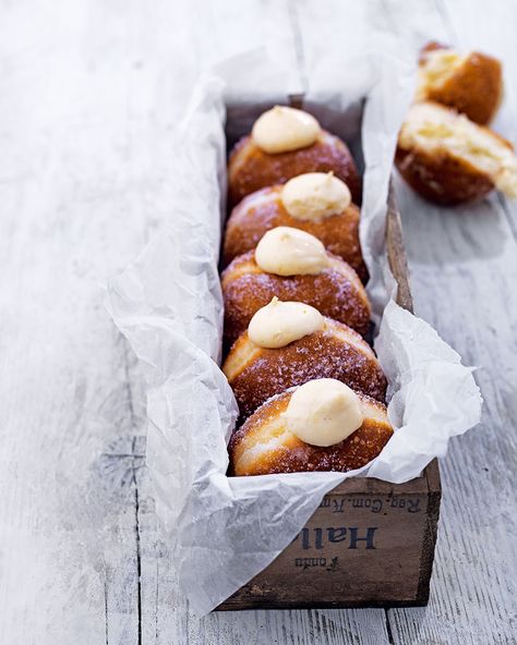 Doughnuts from the Bread Ahead bakery are famous in the delicious. office. Soft, pillowy and oozing with rich custard – now you can recreate these beauties at home using their recipe. Doughnuts Recipe, Desserts Vegan, Delicious Magazine, Doughnut Recipe, Mini Cheesecakes, Vanilla Cream, Donut Recipes, Fish And Chips, Custard