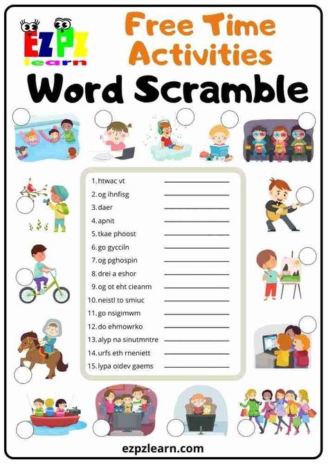 Free Printable English Game Word Scramble Topic Freetime Activities For Kids English Learners Freetime Activities, Scramble Words, Free Time Activities, Verbs List, English Games, English Worksheets For Kids, Kids English, Word Scramble, English Fun