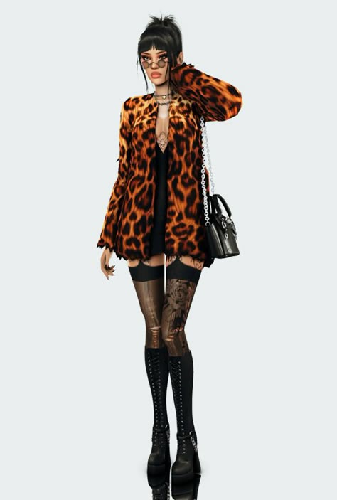 More looks with Jia Look #1: Dress + Fur coat | Stockings | Boots | Bag Look #2: Vest + Jacket | Skirt | Tights | Necktie |... Glam Rock Sims 4 Cc, Sims 4 Cc 1990s Clothes, Sims 4 Leopard Jacket, Ts4 Fashion Designer Cc, Simomo Sims 4, Coats Sims 4 Cc, Sims 4 Cc Fishnet Tights, Grunge Outfits Sims 4 Cc, Ts4 Stocking Cc